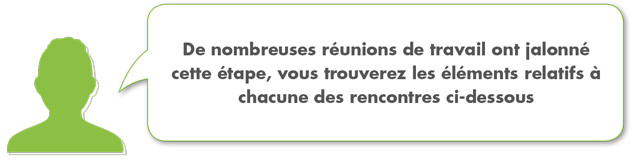 De nombreuses réunions de travail ont jalonné cette étape. Vous trouverez les éléments relatifs à chacune des rencontres ci-après.